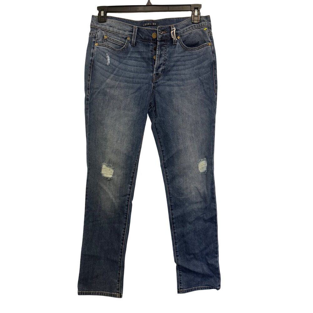 Level 99 Distressed Mid-Rise Straight-Leg Jeans Womens Size 27 Blue Denim Button